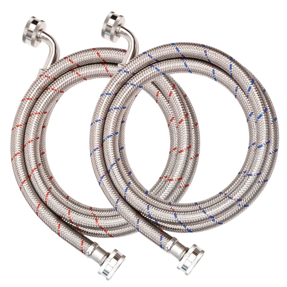 PLUMBINGMASTER 4ft/6ft10ft/20ft 20pcs Stainless Steel Washing Machine Hoses,Red and Blue Washer Hoses with 90 Degree Elbows,Burst Proof Hot & Cold Water Connection Inlet Washer Supply Lines
