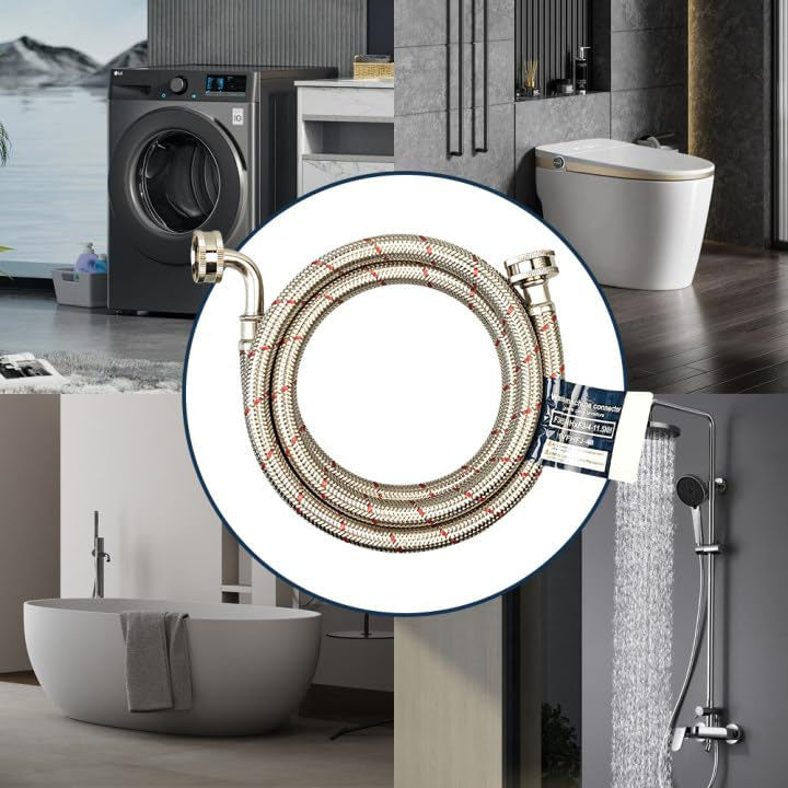 PLUMBINGMASTER 4ft/6ft10ft/20ft 20pcs Stainless Steel Washing Machine Hoses,Red and Blue Washer Hoses with 90 Degree Elbows,Burst Proof Hot & Cold Water Connection Inlet Washer Supply Lines