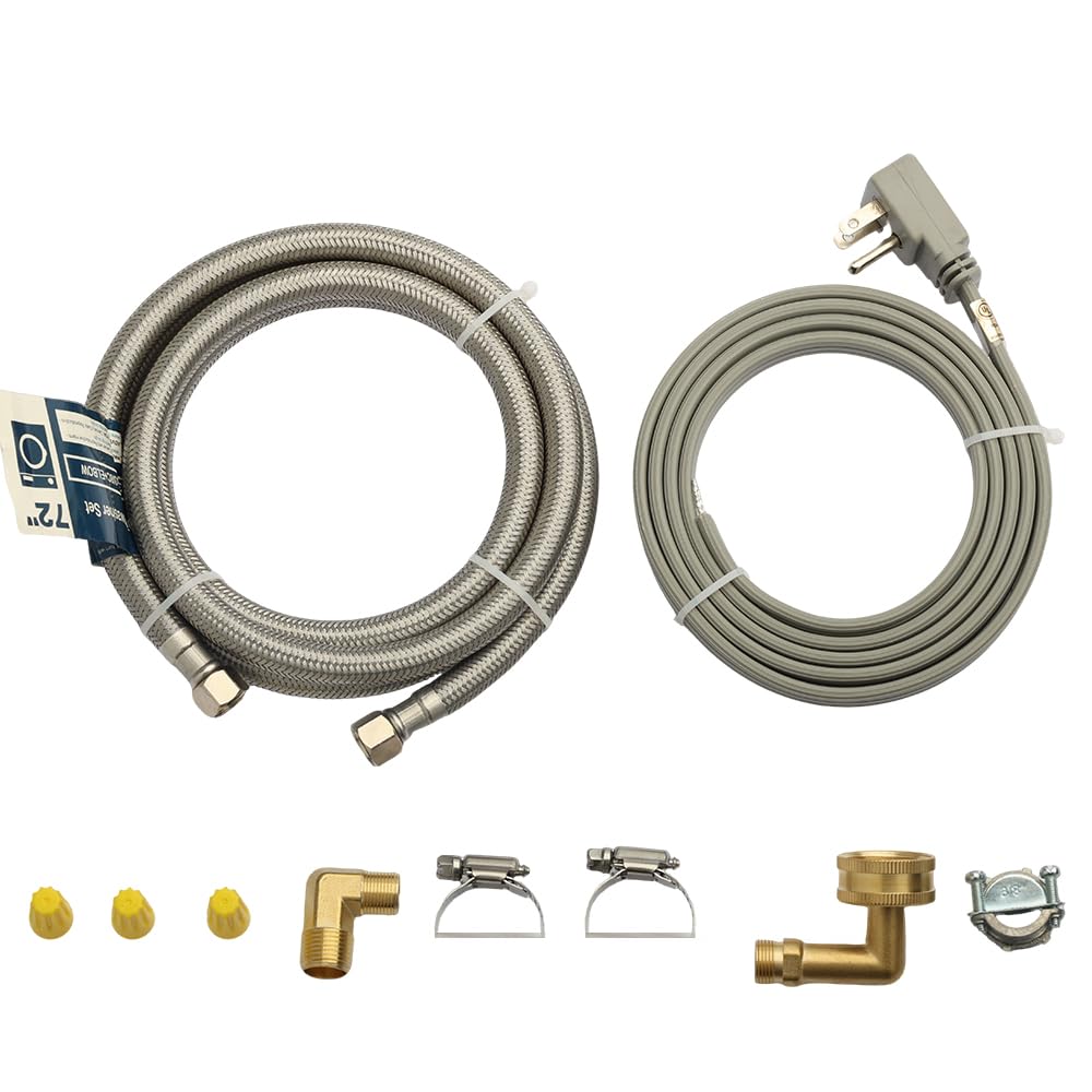 PLUMBERMASTER 24pcs Dishwasher Installation Kit, 6ft Water Supply Line with with 3/8" x 3/8" Compression,3-Prong Straight Power Cord, Elbow Connectors&Adapters,Braided Stainless Steel Dishwasher hose Kit