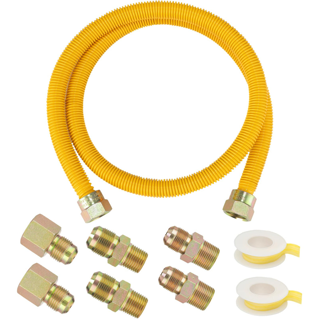 PLUMBINGMASTER 10pcs Flexible yellow Coated Corrugated line kit for Dryer Stove Range, Flexible Stainless Steel Gas Dryer Kit - 5/8" OD(1/2" ID) Dryer Gas Line with total 6 Connectors—— 3/4" MIP & 1/2"