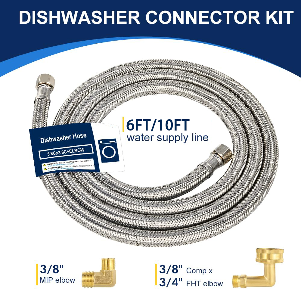 PLUMBINGMASTER 24pcs Dishwasher Hose with Elbow – Stainless Steel Braided Supply Line, 3/8" Compression to 3/8" Elbow, Universal Fit, Burst Proof, NSF/Lead-Free Certified, 10-Year Warranty