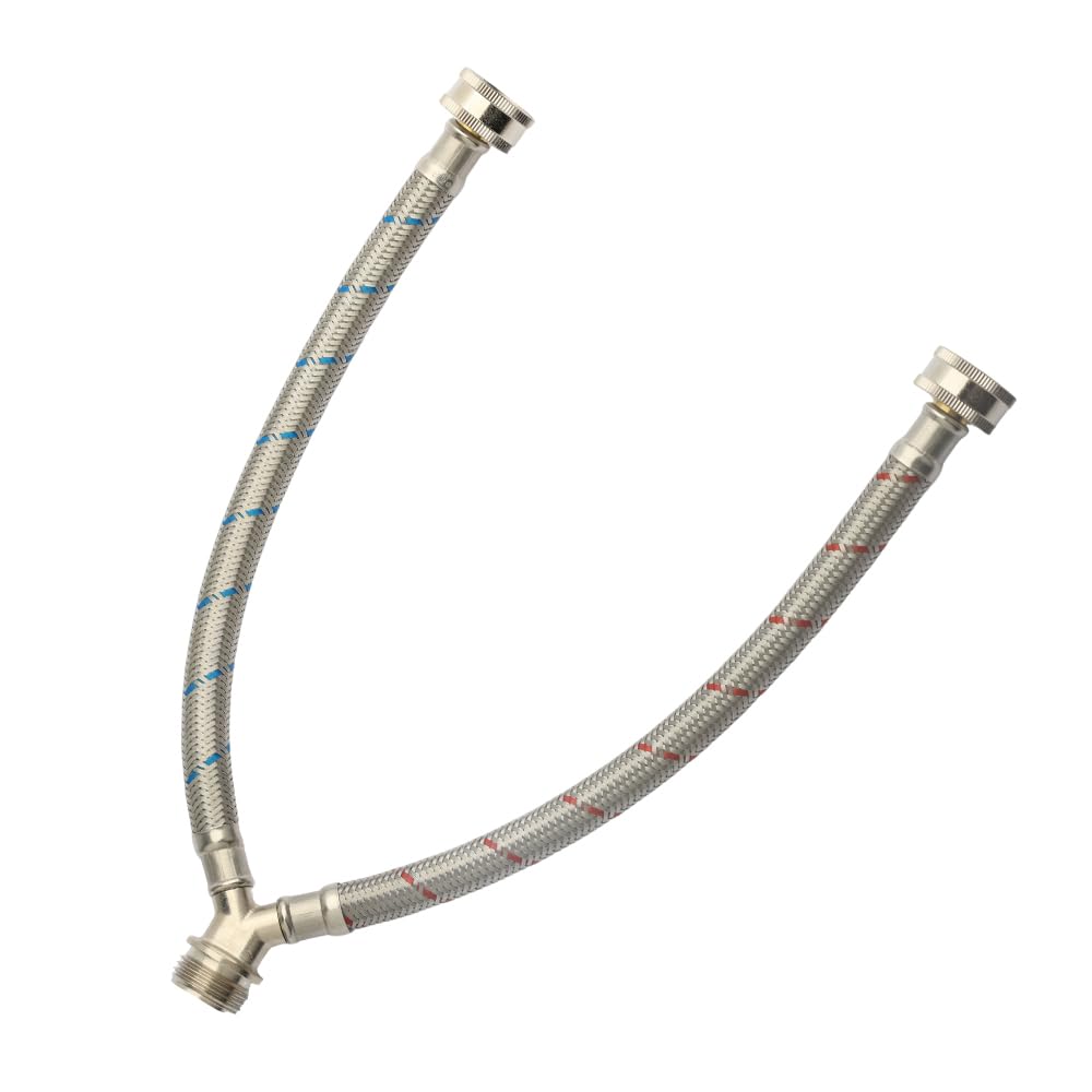 PLUMBERMASTER 50pcs Washing Machine Hose Splitter Y-Mixer Hose Connector Hose, 3/4 Inch Brass Fittings, Y Split Hot and Cold Hose for Water Stainless Steel Washing Machine Y Mixer