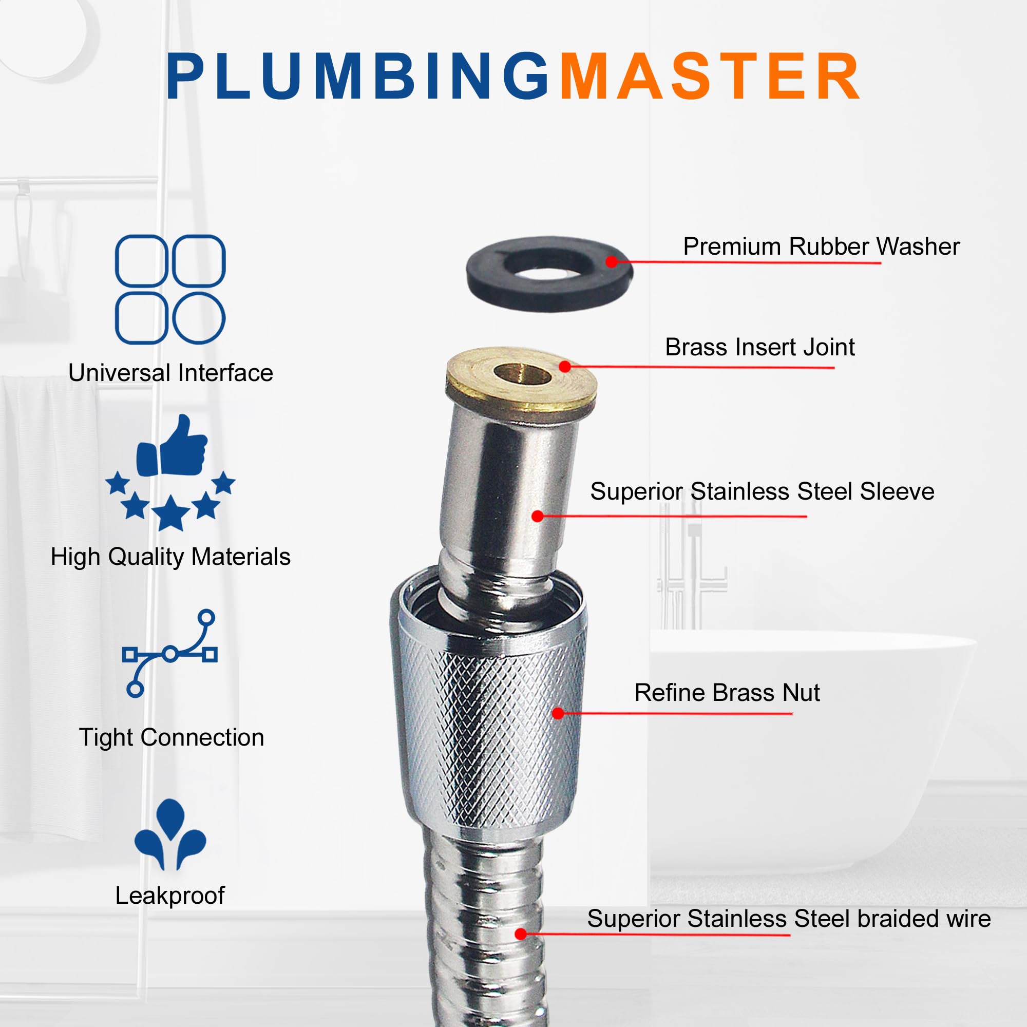 PLUMBINGMASTER 50pcs Shower Hose Stainless Steel Handheld Shower Head Hose Replacement with Brass Nut Long Fexible Shower Hose Extension