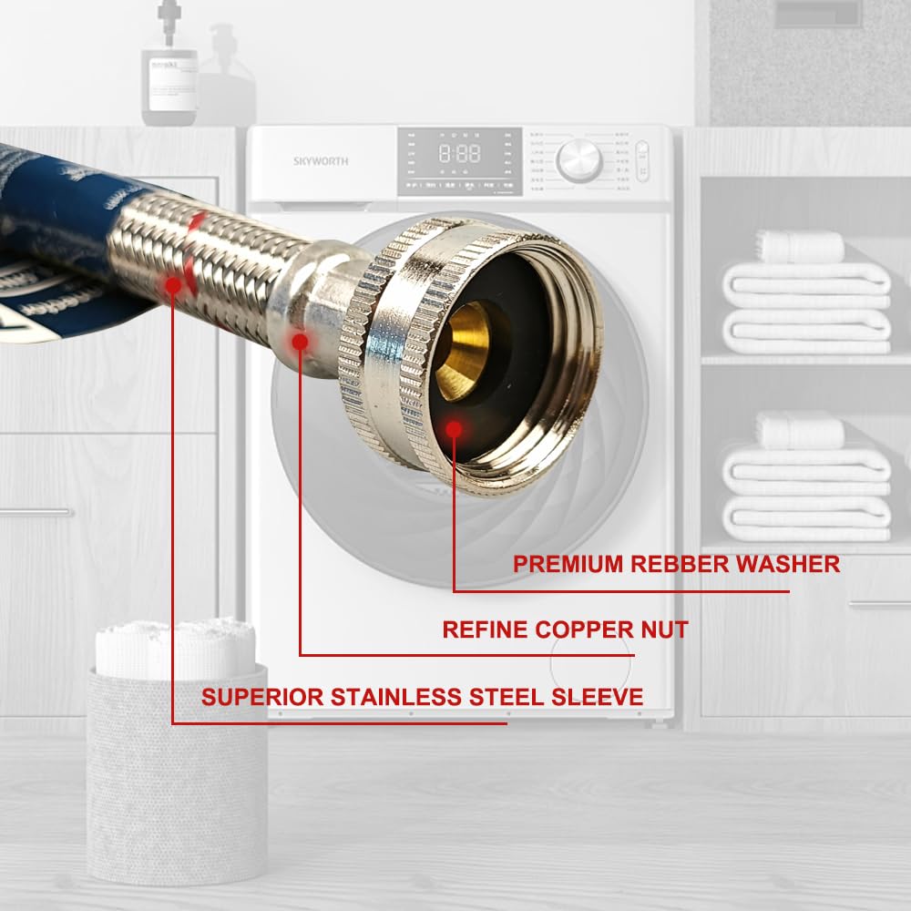 PLUMBINGMASTER 4ft/6ft10ft/20ft 20pcs Stainless Steel Washing Machine Hoses,Red and Blue Washer Hoses with 90 Degree Elbows,Burst Proof Hot & Cold Water Connection Inlet Washer Supply Lines