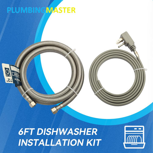 PLUMBERMASTER 24pcs Dishwasher Installation Kit, 6ft Water Supply Line with with 3/8" x 3/8" Compression,3-Prong Straight Power Cord, Elbow Connectors&Adapters,Braided Stainless Steel Dishwasher hose Kit