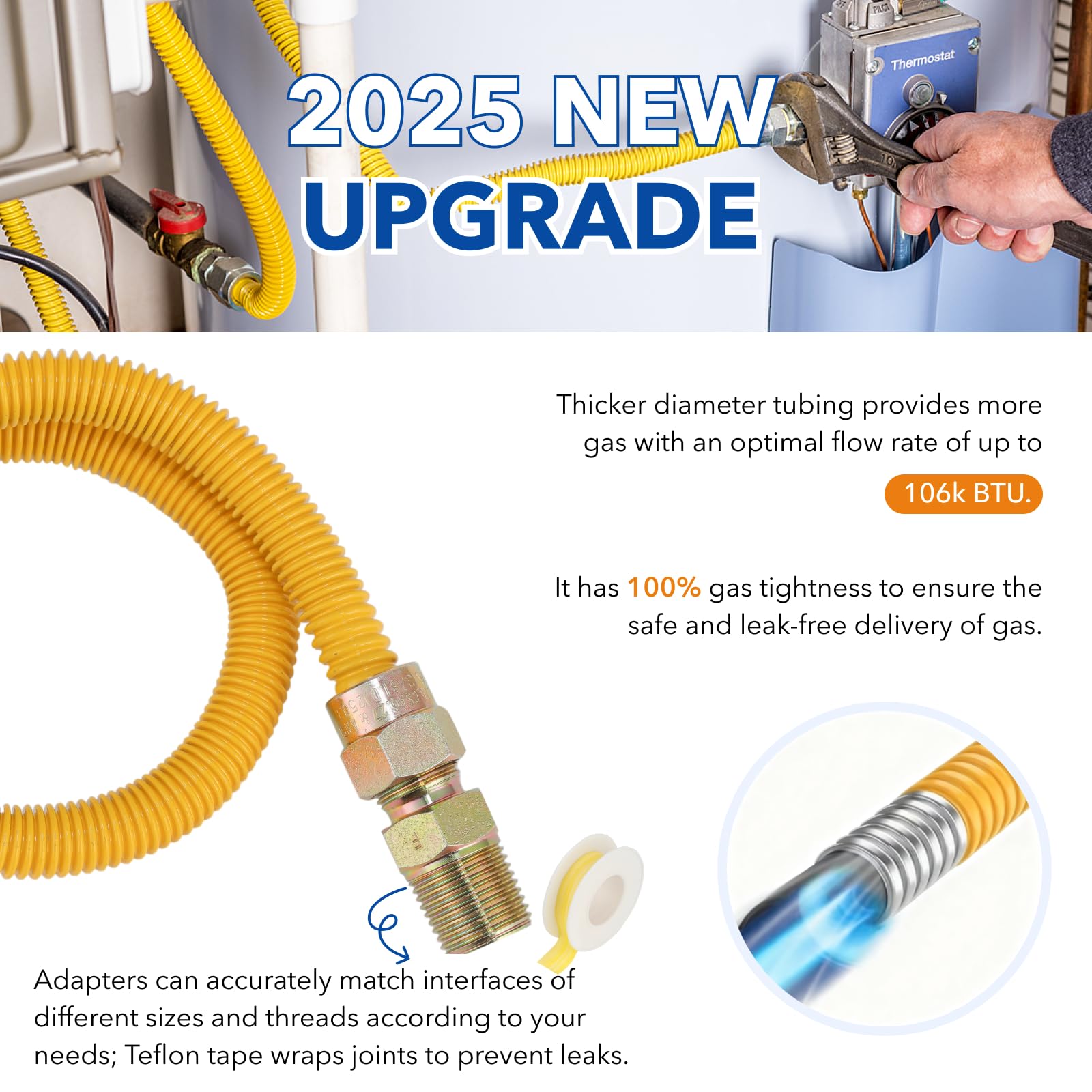 PLUMBINGMASTER 10pcs Flexible yellow Coated Corrugated line kit for Dryer Stove Range, Flexible Stainless Steel Gas Dryer Kit - 5/8" OD(1/2" ID) Dryer Gas Line with total 6 Connectors—— 3/4" MIP & 1/2"