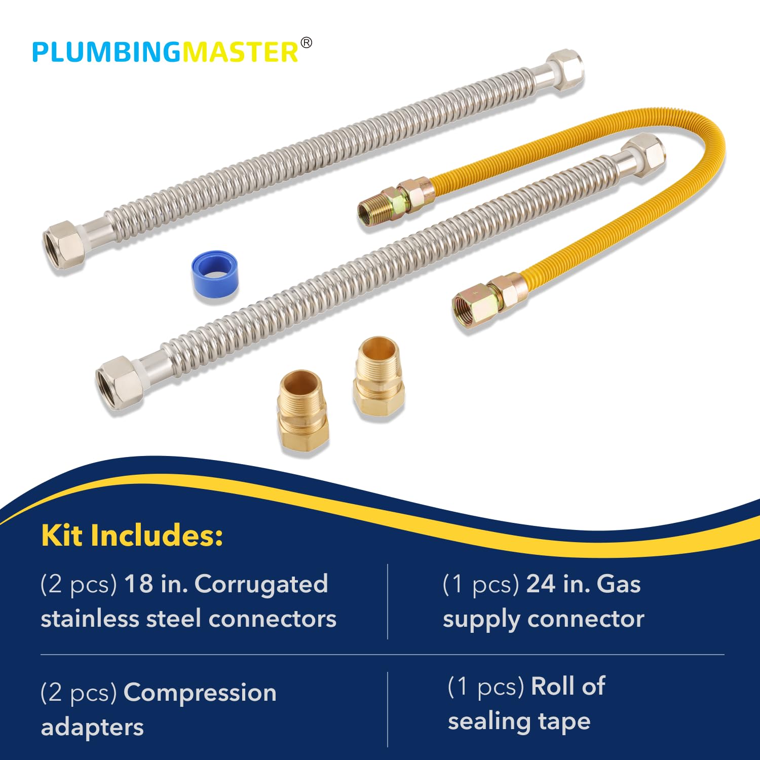 PLUMBINGMASTER 12pcs Electric Gas Water Heater Installation Kit, 2pcs 3/4 FIP 18 Inch Water Heater Connector, 1 pc 1/2 MIP*1/2 FIP 24 Inch Yellow Gas line, 2pcs compression adapters