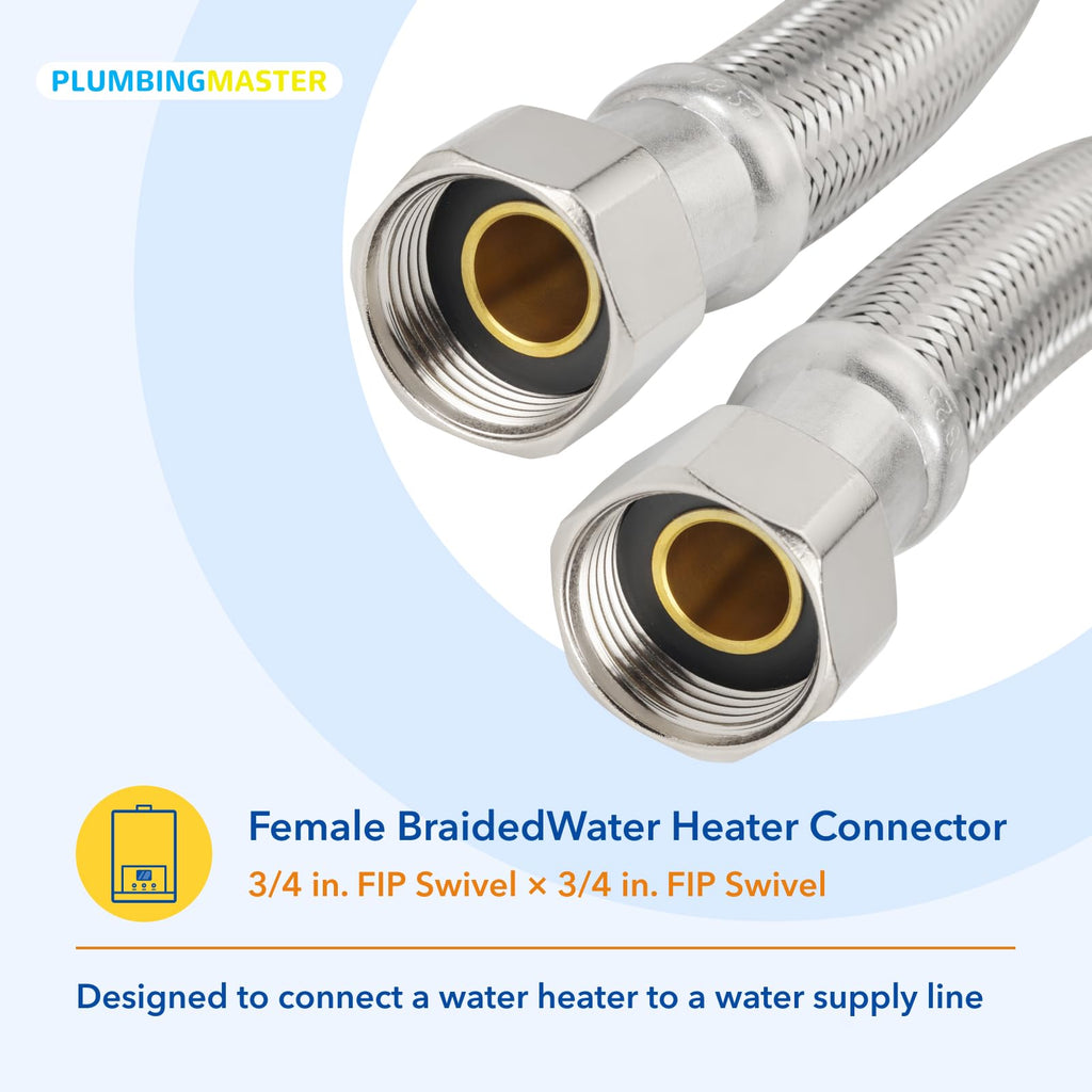 PLUMBINGMASTER 20 pcs Braided Flexible Stainless Steel Water Heater Connector Hose 3/4-Inch FIP x 3/4-Inch FIP Female Steel-Flex Water Heater Connector For Female Iron Water Pipes Fitting