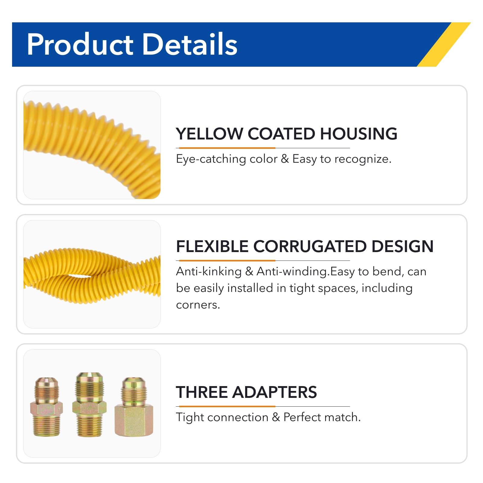 PLUMBINGMASTER 10pcs Flexible yellow Coated Corrugated line kit for Dryer Stove Range, Flexible Stainless Steel Gas Dryer Kit - 5/8" OD(1/2" ID) Dryer Gas Line with total 6 Connectors—— 3/4" MIP & 1/2"