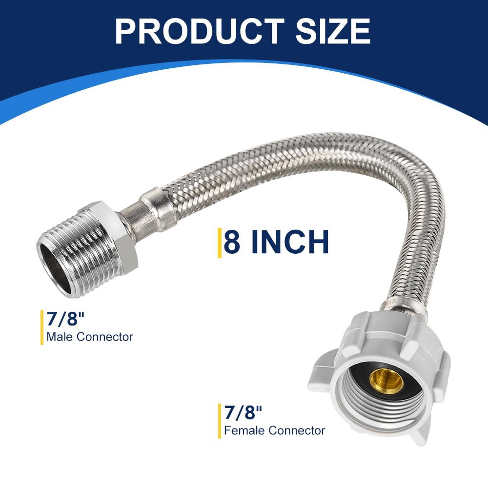 PLUMBINGMASTER 100pcs 8 Inch Flexible Toilet Connector Extension, 7/8 female x 7/8 male Hose Adapter, Stainless Steel Braided Hose to Toilet Tank Compatible