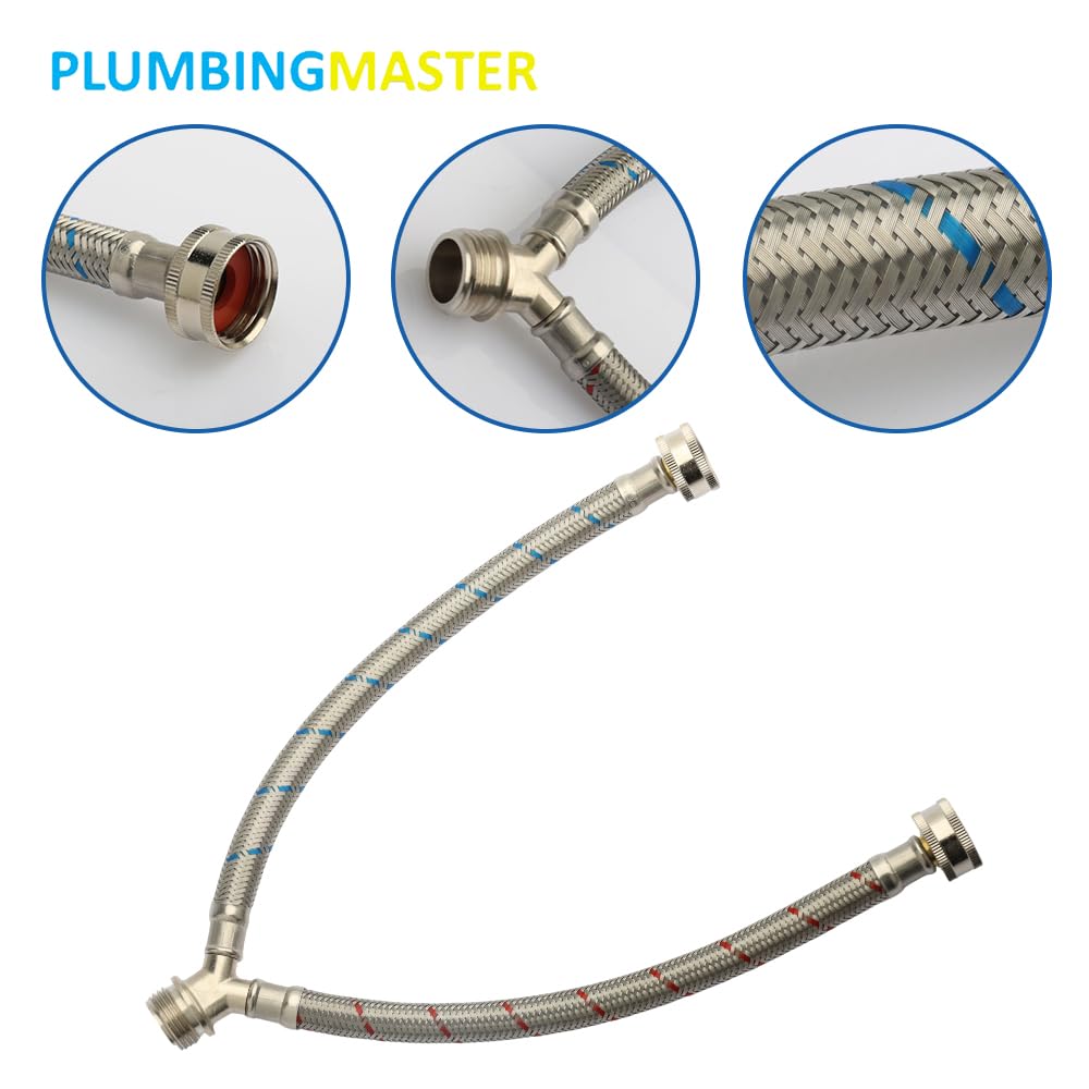 PLUMBERMASTER 50pcs Washing Machine Hose Splitter Y-Mixer Hose Connector Hose, 3/4 Inch Brass Fittings, Y Split Hot and Cold Hose for Water Stainless Steel Washing Machine Y Mixer