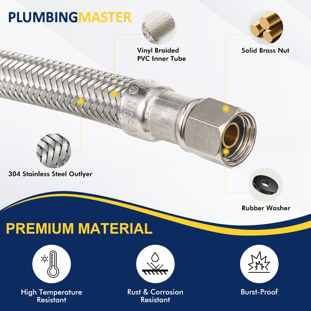 PLUMBINGMASTER 24pcs Dishwasher Hose with Elbow – Stainless Steel Braided Supply Line, 3/8" Compression to 3/8" Elbow, Universal Fit, Burst Proof, NSF/Lead-Free Certified, 10-Year Warranty