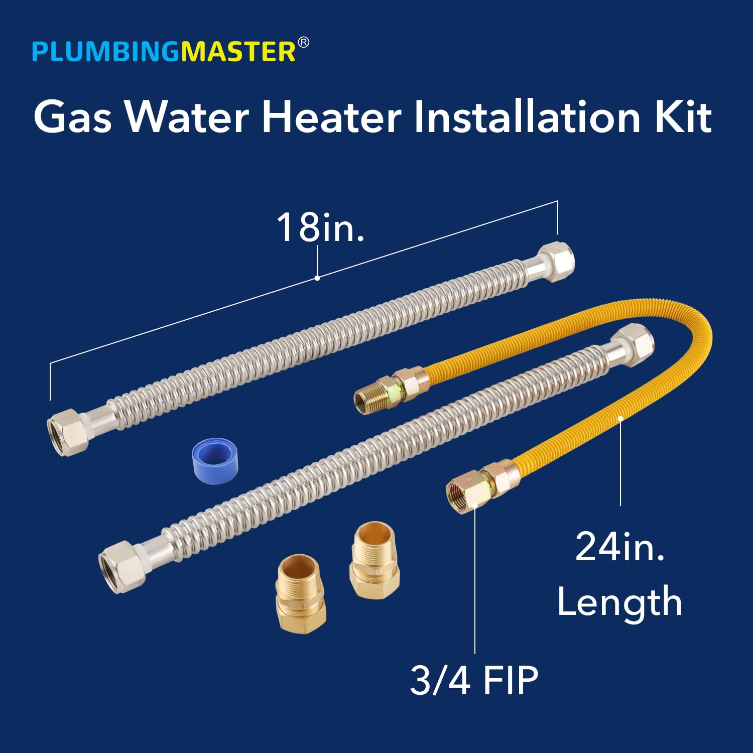 PLUMBINGMASTER 12pcs Electric Gas Water Heater Installation Kit, 2pcs 3/4 FIP 18 Inch Water Heater Connector, 1 pc 1/2 MIP*1/2 FIP 24 Inch Yellow Gas line, 2pcs compression adapters