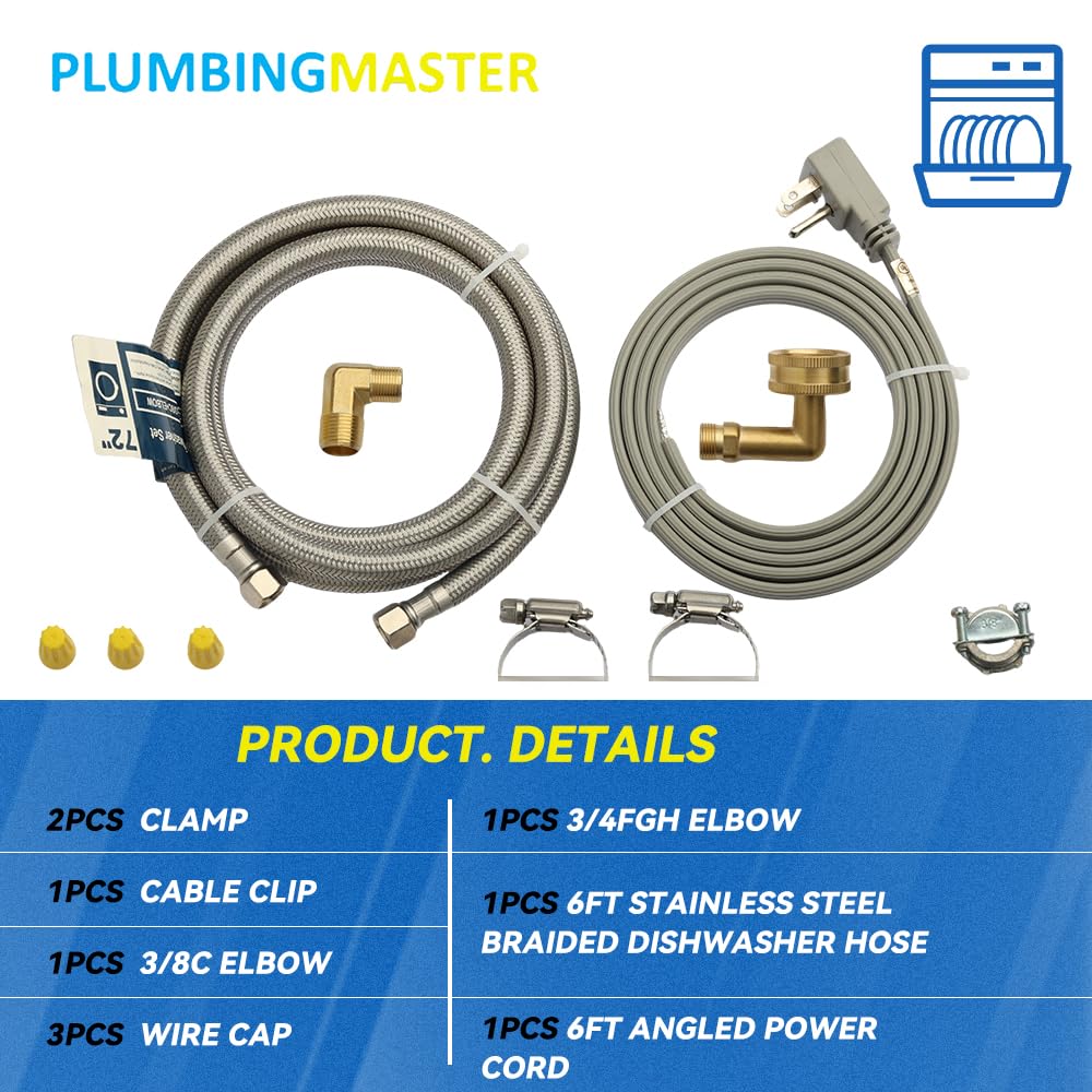 PLUMBERMASTER 24pcs Dishwasher Installation Kit, 6ft Water Supply Line with with 3/8" x 3/8" Compression,3-Prong Straight Power Cord, Elbow Connectors&Adapters,Braided Stainless Steel Dishwasher hose Kit