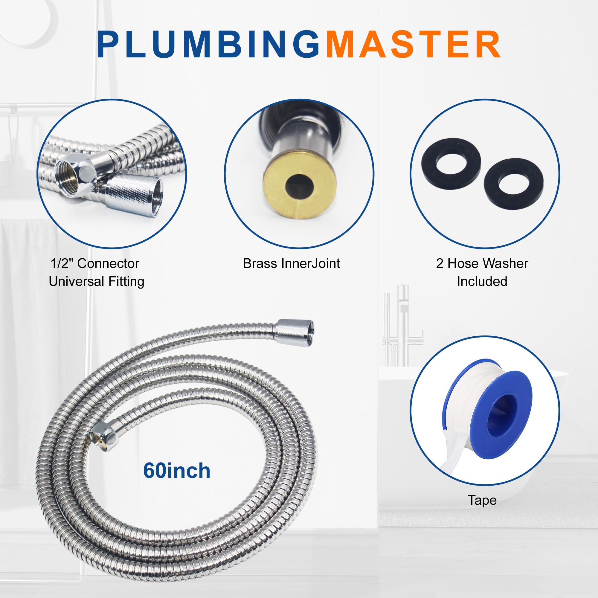 PLUMBINGMASTER 50pcs Shower Hose Stainless Steel Handheld Shower Head Hose Replacement with Brass Nut Long Fexible Shower Hose Extension