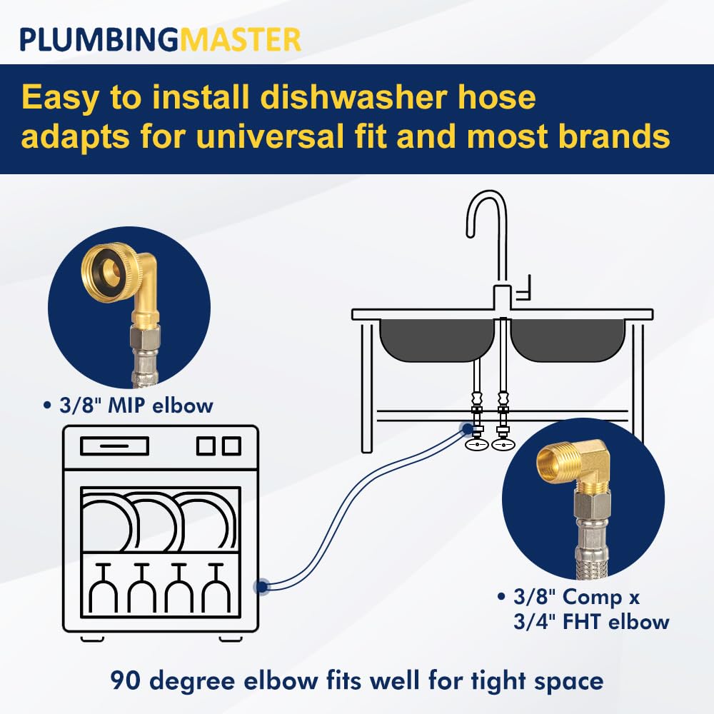 PLUMBINGMASTER 24pcs Dishwasher Hose with Elbow – Stainless Steel Braided Supply Line, 3/8" Compression to 3/8" Elbow, Universal Fit, Burst Proof, NSF/Lead-Free Certified, 10-Year Warranty