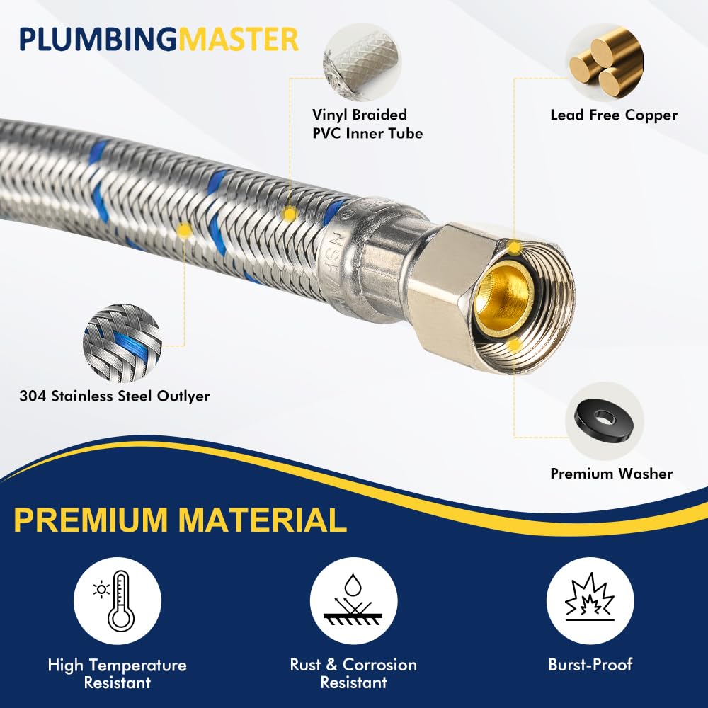 PLUMBINGMASTER 100pcs 12 Inch Faucet Supply Conector Extension, 3/8 OD Comp (Male) x 3/8 Comp (Female) Supply Line，Faucet Hose for Kitchen Bathroom
