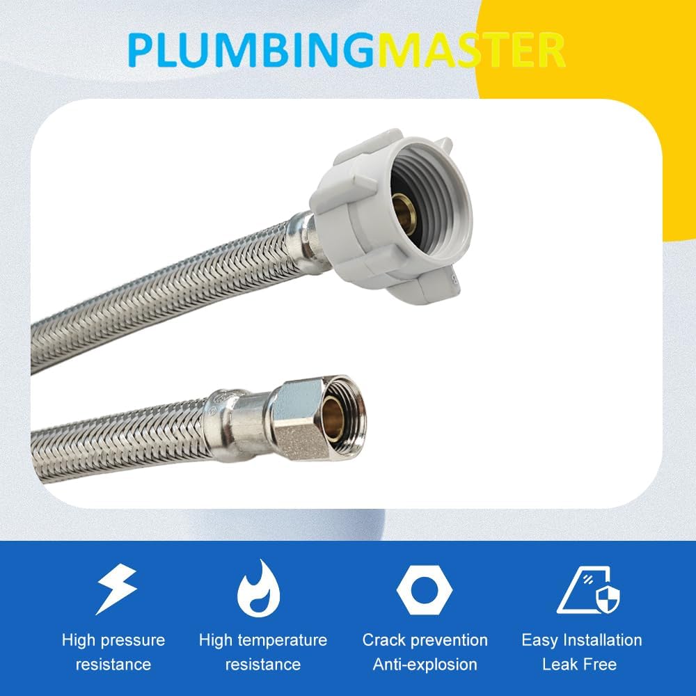 PLUMBINGMASTER 100 pcs Toilet Water Supply Line,3/8" Comp x 7/8" BC Braided Stainless Steel Toilet Supply Line,Toilet Connector Hose with Anti-Leaking Brass Nut
