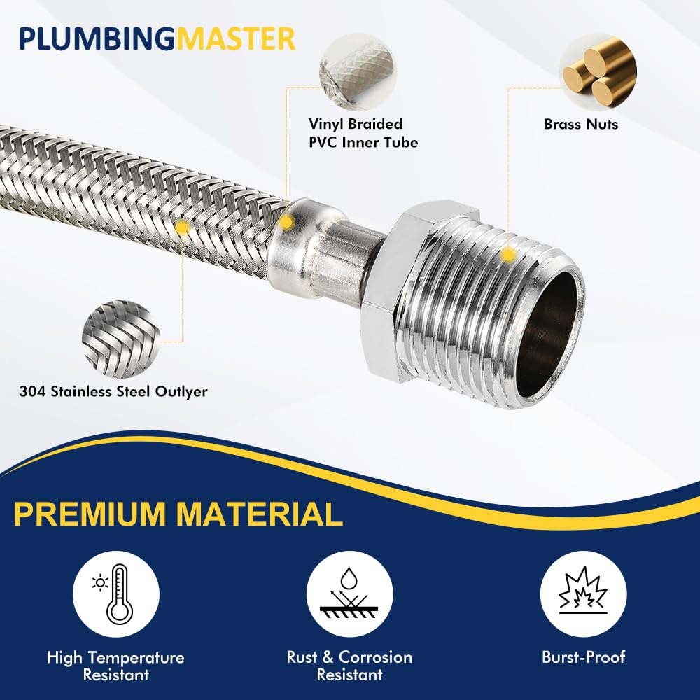 PLUMBINGMASTER 100pcs 8 Inch Flexible Toilet Connector Extension, 7/8 female x 7/8 male Hose Adapter, Stainless Steel Braided Hose to Toilet Tank Compatible