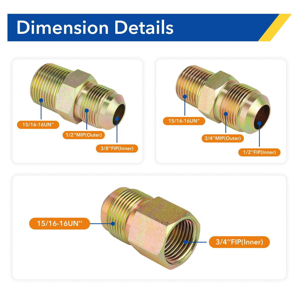 PLUMBINGMASTER 10pcs Flexible yellow Coated Corrugated line kit for Dryer Stove Range, Flexible Stainless Steel Gas Dryer Kit - 5/8" OD(1/2" ID) Dryer Gas Line with total 6 Connectors—— 3/4" MIP & 1/2"
