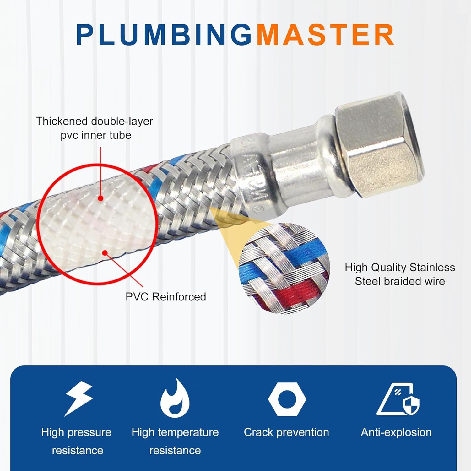 PLUMBINGMASTER 100pcs Faucet Hose Connector, 3/8" Comp x 1/2" FIP Braided Stainless Steel Faucet Water Supply Lines for Bathroom Kitchen Sink Faucet 2Pcs