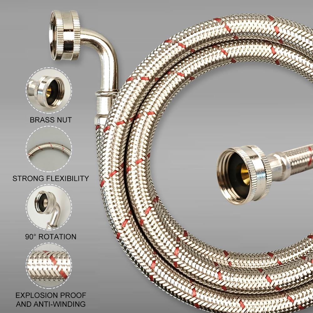 PLUMBINGMASTER 4ft/6ft10ft/20ft 20pcs Stainless Steel Washing Machine Hoses,Red and Blue Washer Hoses with 90 Degree Elbows,Burst Proof Hot & Cold Water Connection Inlet Washer Supply Lines