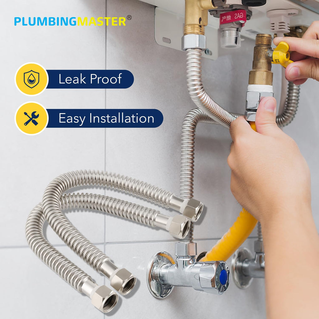 PLUMBINGMASTER 12pcs Electric Gas Water Heater Installation Kit, 2pcs 3/4 FIP 18 Inch Water Heater Connector, 1 pc 1/2 MIP*1/2 FIP 24 Inch Yellow Gas line, 2pcs compression adapters