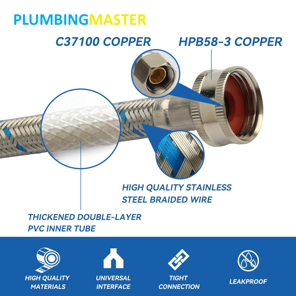 PLUMBERMASTER 50pcs Washing Machine Hose Splitter Y-Mixer Hose Connector Hose, 3/4 Inch Brass Fittings, Y Split Hot and Cold Hose for Water Stainless Steel Washing Machine Y Mixer