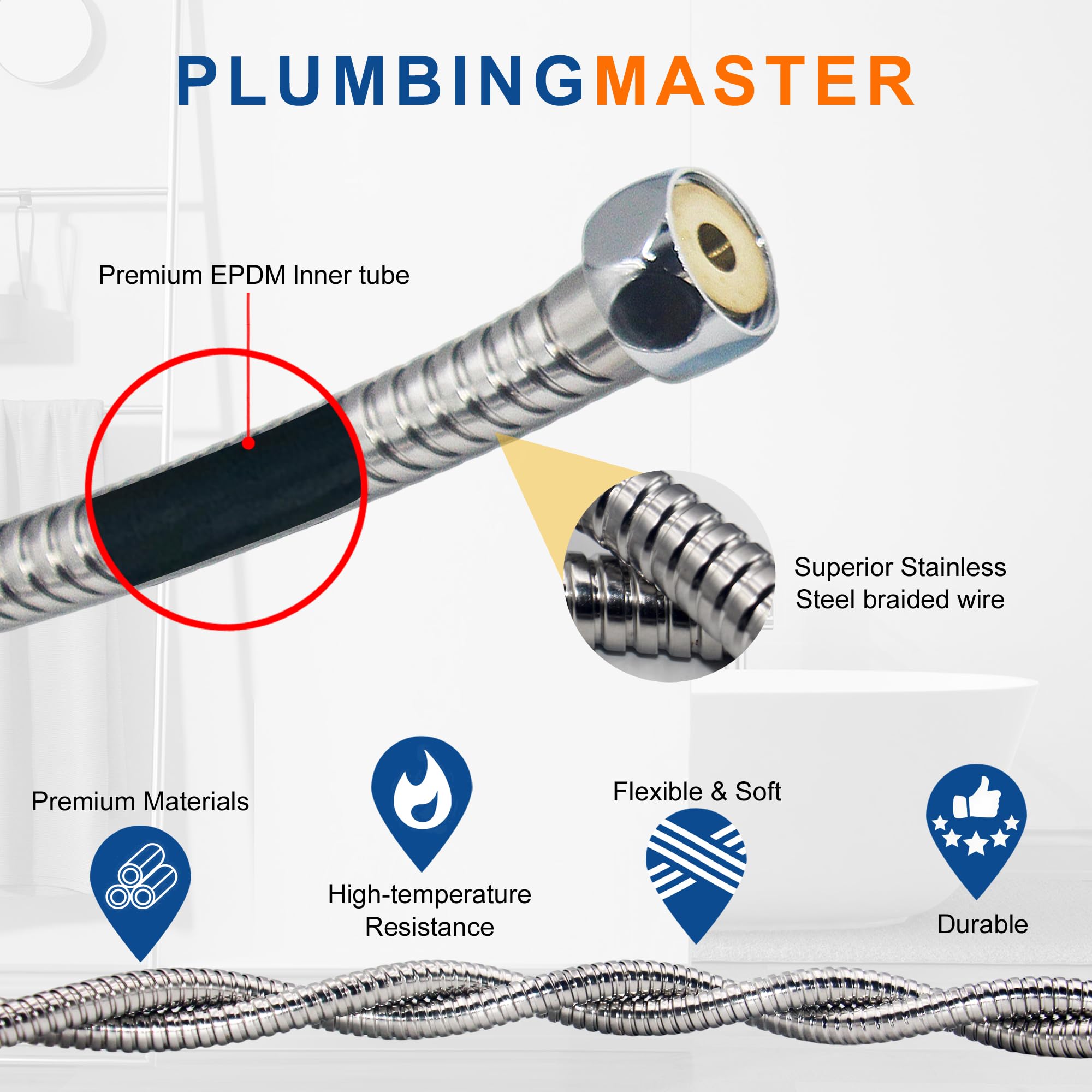 PLUMBINGMASTER 50pcs Shower Hose Stainless Steel Handheld Shower Head Hose Replacement with Brass Nut Long Fexible Shower Hose Extension