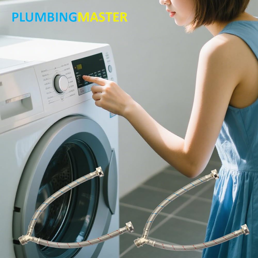 PLUMBERMASTER 50pcs Washing Machine Hose Splitter Y-Mixer Hose Connector Hose, 3/4 Inch Brass Fittings, Y Split Hot and Cold Hose for Water Stainless Steel Washing Machine Y Mixer