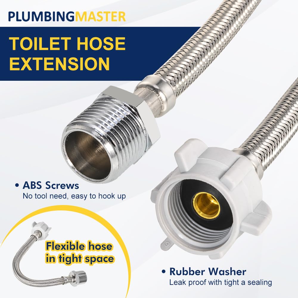 PLUMBINGMASTER 100pcs 8 Inch Flexible Toilet Connector Extension, 7/8 female x 7/8 male Hose Adapter, Stainless Steel Braided Hose to Toilet Tank Compatible