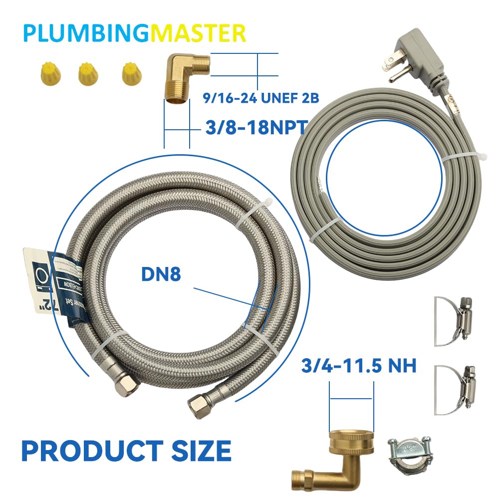 PLUMBERMASTER 24pcs Dishwasher Installation Kit, 6ft Water Supply Line with with 3/8" x 3/8" Compression,3-Prong Straight Power Cord, Elbow Connectors&Adapters,Braided Stainless Steel Dishwasher hose Kit