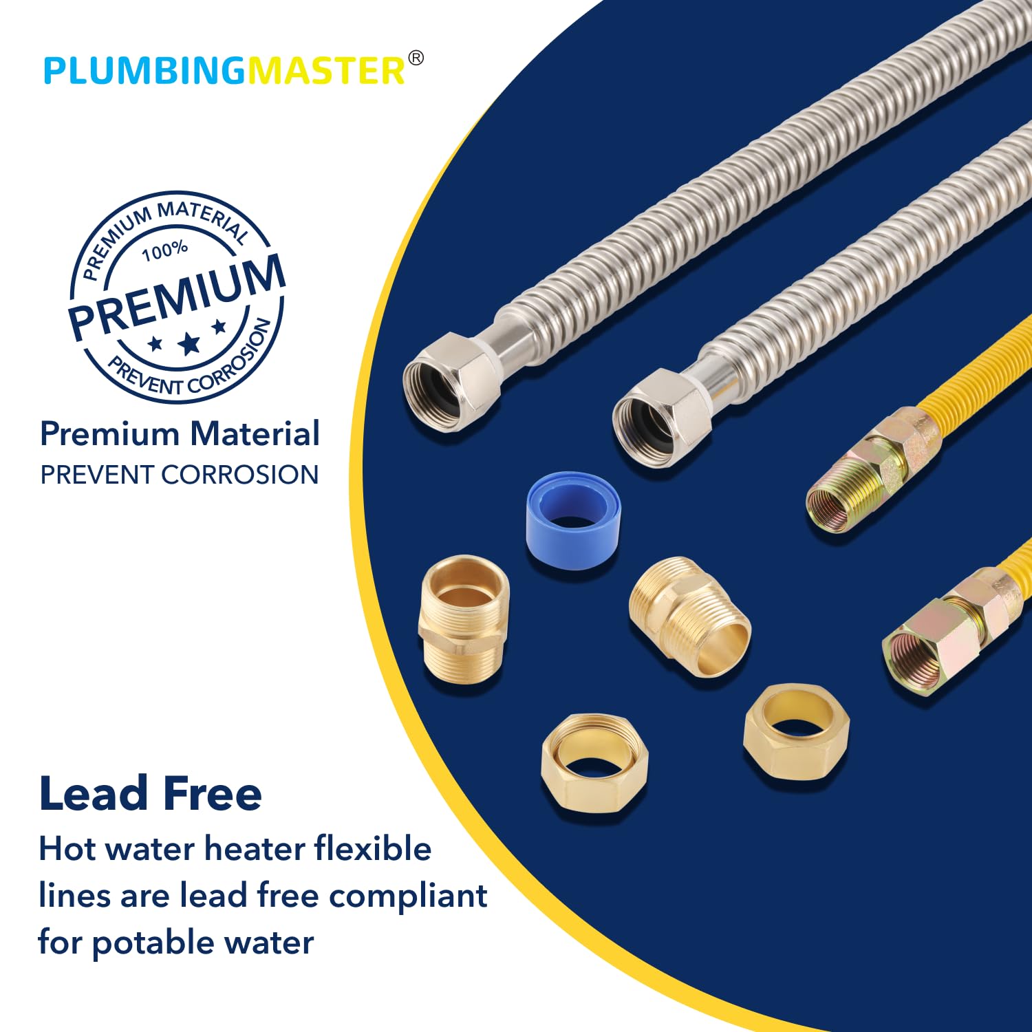 PLUMBINGMASTER 12pcs Electric Gas Water Heater Installation Kit, 2pcs 3/4 FIP 18 Inch Water Heater Connector, 1 pc 1/2 MIP*1/2 FIP 24 Inch Yellow Gas line, 2pcs compression adapters