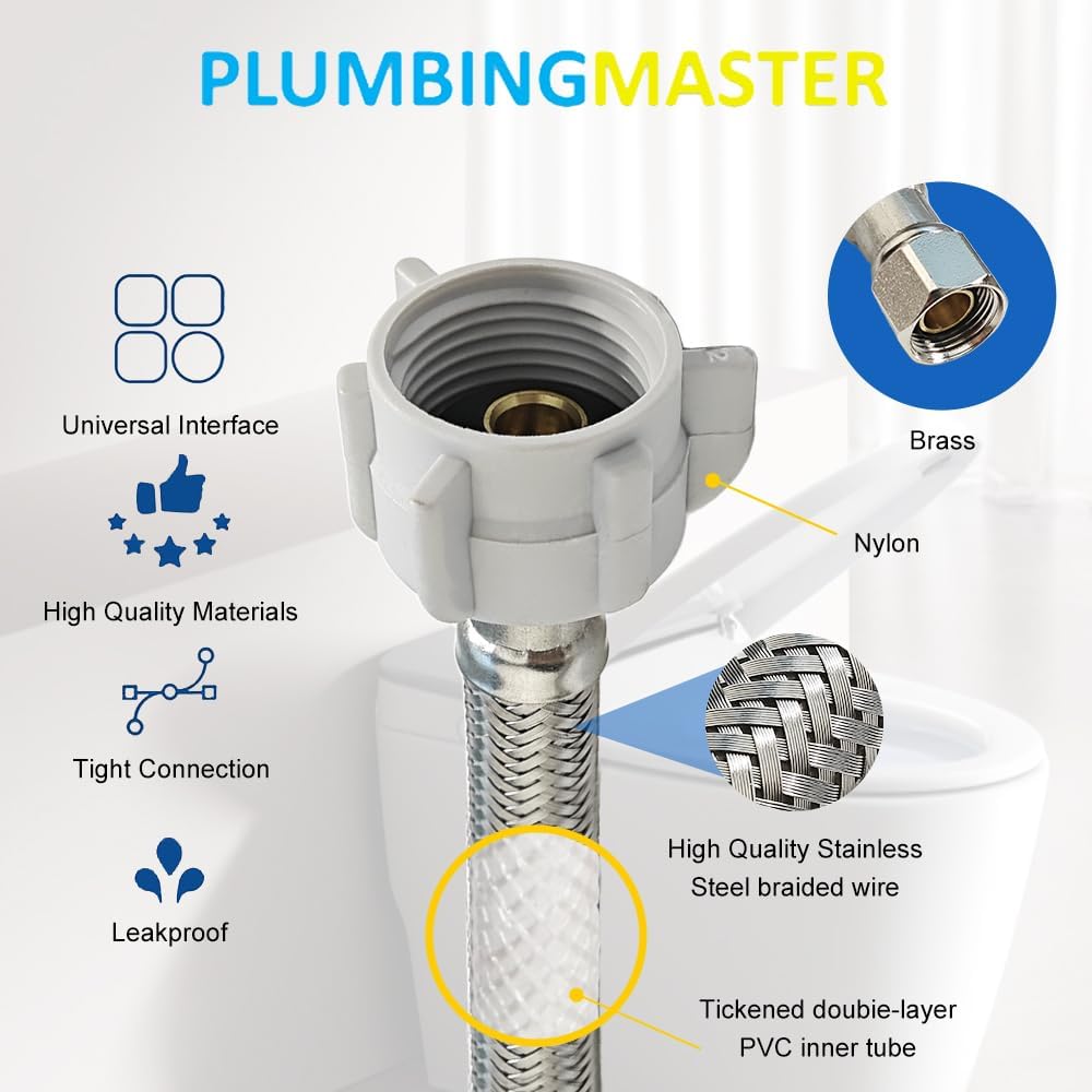 PLUMBINGMASTER 100 pcs Toilet Water Supply Line,3/8" Comp x 7/8" BC Braided Stainless Steel Toilet Supply Line,Toilet Connector Hose with Anti-Leaking Brass Nut