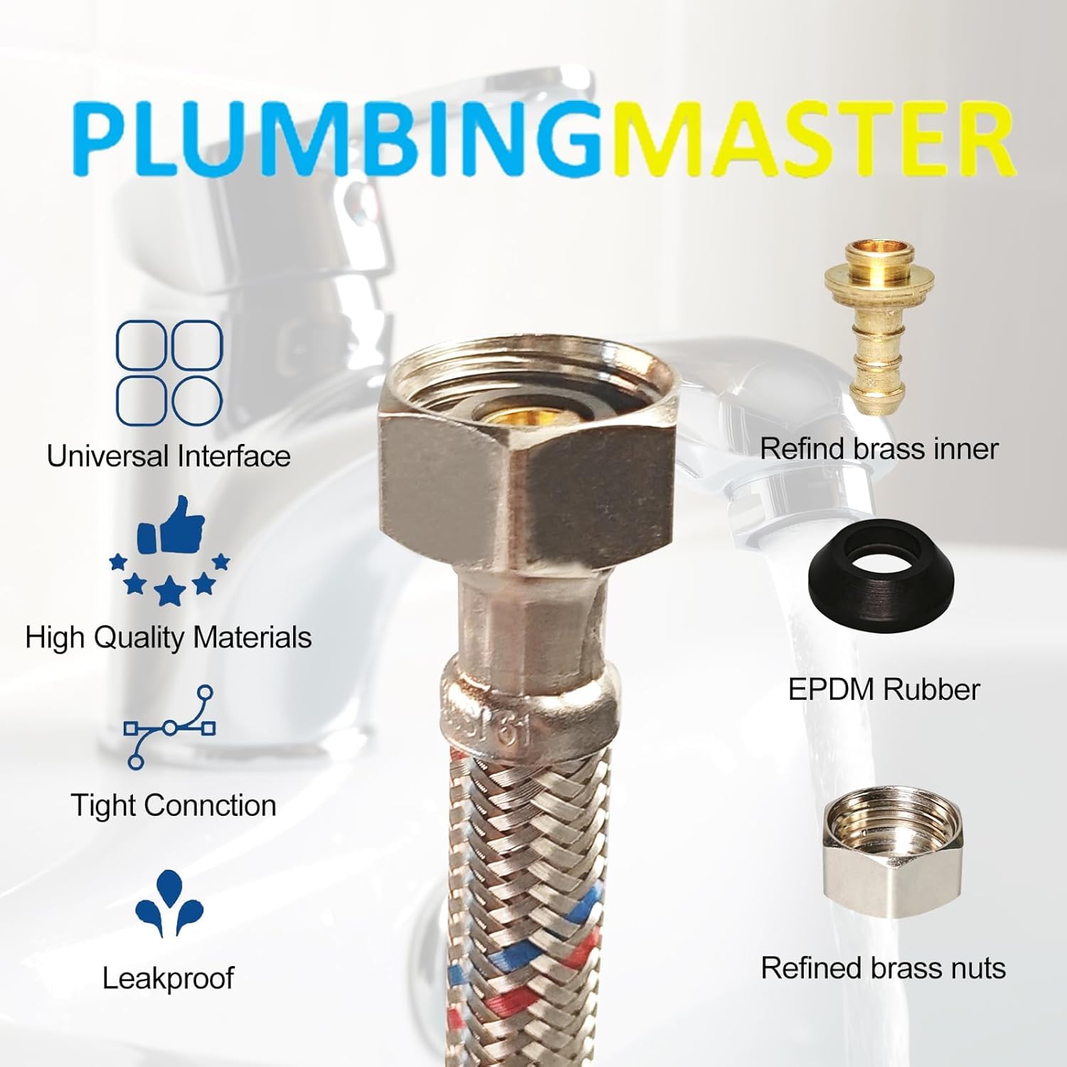 PLUMBINGMASTER 100pcs Faucet Hose Connector, 3/8" Comp x 1/2" FIP Braided Stainless Steel Faucet Water Supply Lines for Bathroom Kitchen Sink Faucet 2Pcs