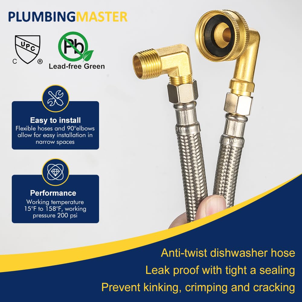 PLUMBINGMASTER 24pcs Dishwasher Hose with Elbow – Stainless Steel Braided Supply Line, 3/8" Compression to 3/8" Elbow, Universal Fit, Burst Proof, NSF/Lead-Free Certified, 10-Year Warranty