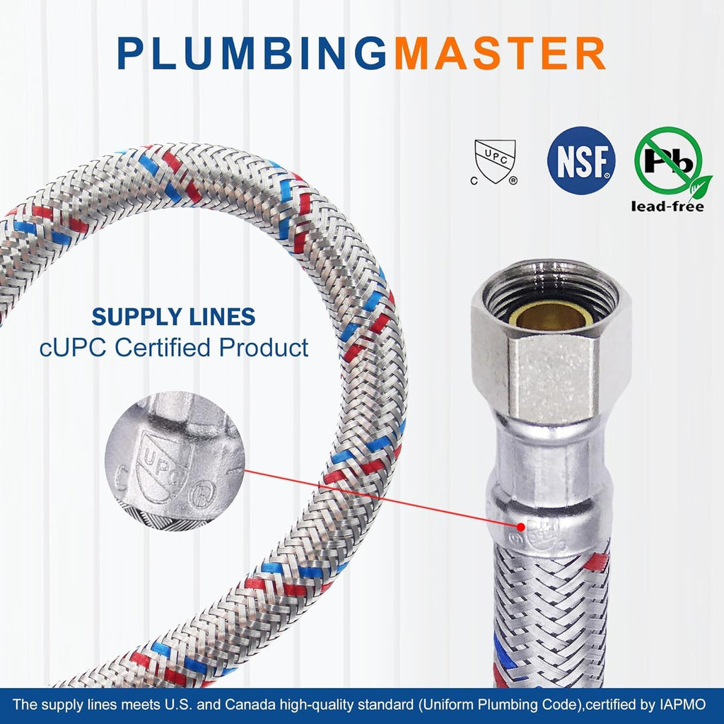 PLUMBINGMASTER 100pcs Faucet Hose Connector, 3/8" Comp x 1/2" FIP Braided Stainless Steel Faucet Water Supply Lines for Bathroom Kitchen Sink Faucet 2Pcs