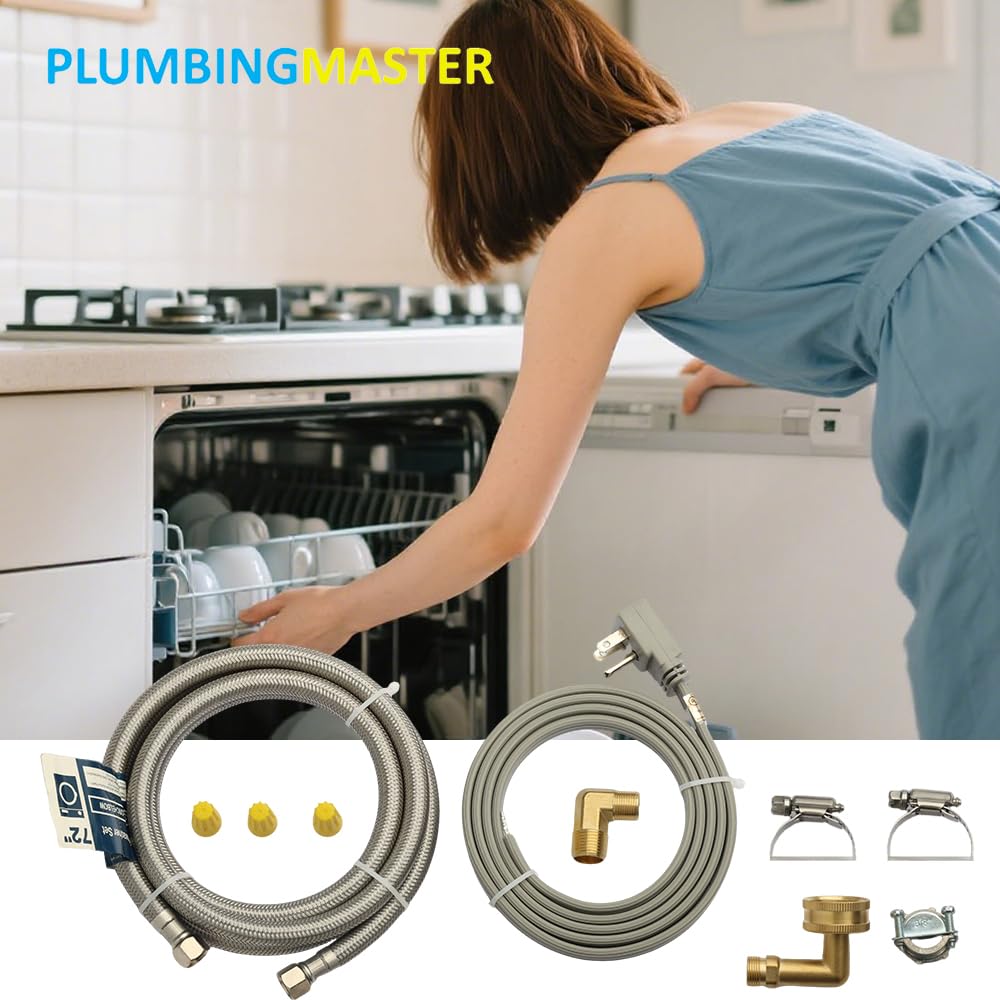 PLUMBERMASTER 24pcs Dishwasher Installation Kit, 6ft Water Supply Line with with 3/8" x 3/8" Compression,3-Prong Straight Power Cord, Elbow Connectors&Adapters,Braided Stainless Steel Dishwasher hose Kit