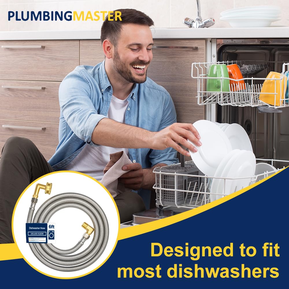 PLUMBINGMASTER 24pcs Dishwasher Hose with Elbow – Stainless Steel Braided Supply Line, 3/8" Compression to 3/8" Elbow, Universal Fit, Burst Proof, NSF/Lead-Free Certified, 10-Year Warranty