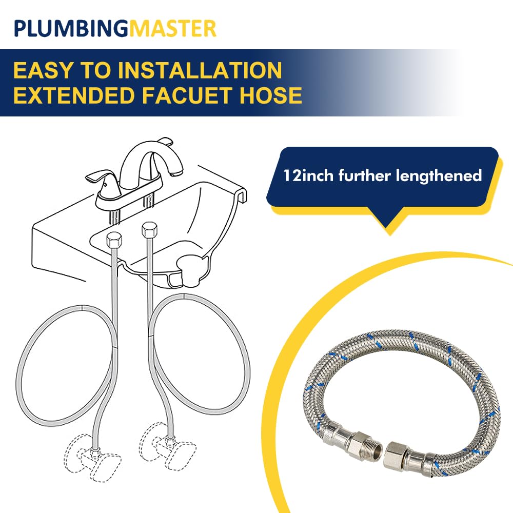 PLUMBINGMASTER 100pcs 12 Inch Faucet Supply Conector Extension, 3/8 OD Comp (Male) x 3/8 Comp (Female) Supply Line，Faucet Hose for Kitchen Bathroom